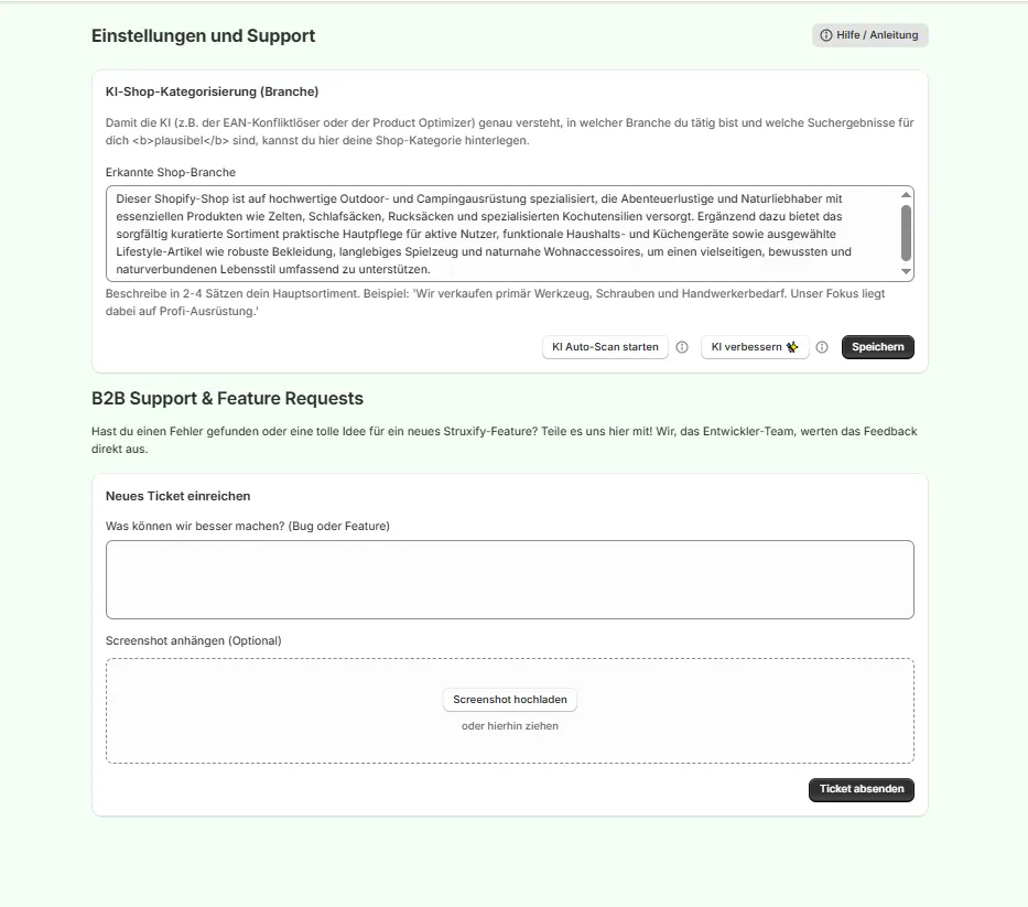 Einstellungen: KI-Shop-Kategorisierung der Branche und B2B-Support-Tickets