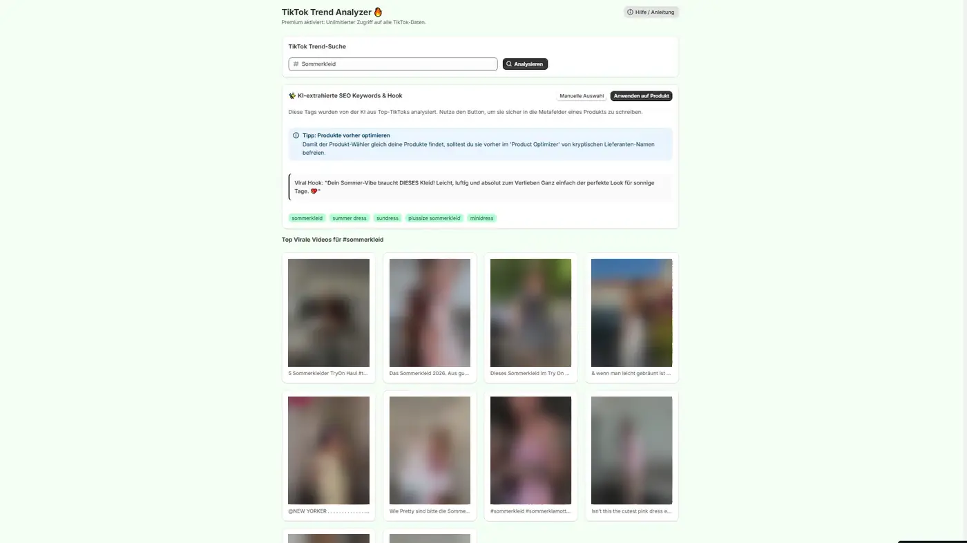 TikTok Trend Analyzer: Trend-Suche, KI-extrahierte Keywords, Viral-Hook und Top-Videos
